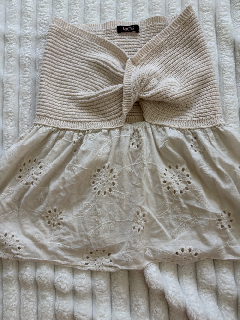 Micas Cream Knit Twist Eyelet Crop Top